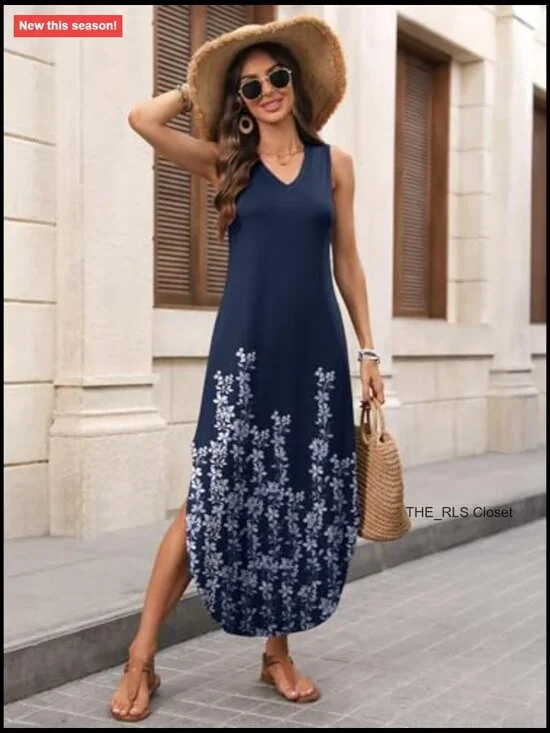 Maxi Dress with Pockets, V Neck, Sleeveless, Loose Fit, Rayon Polyester Blend - Picture 3 of 7